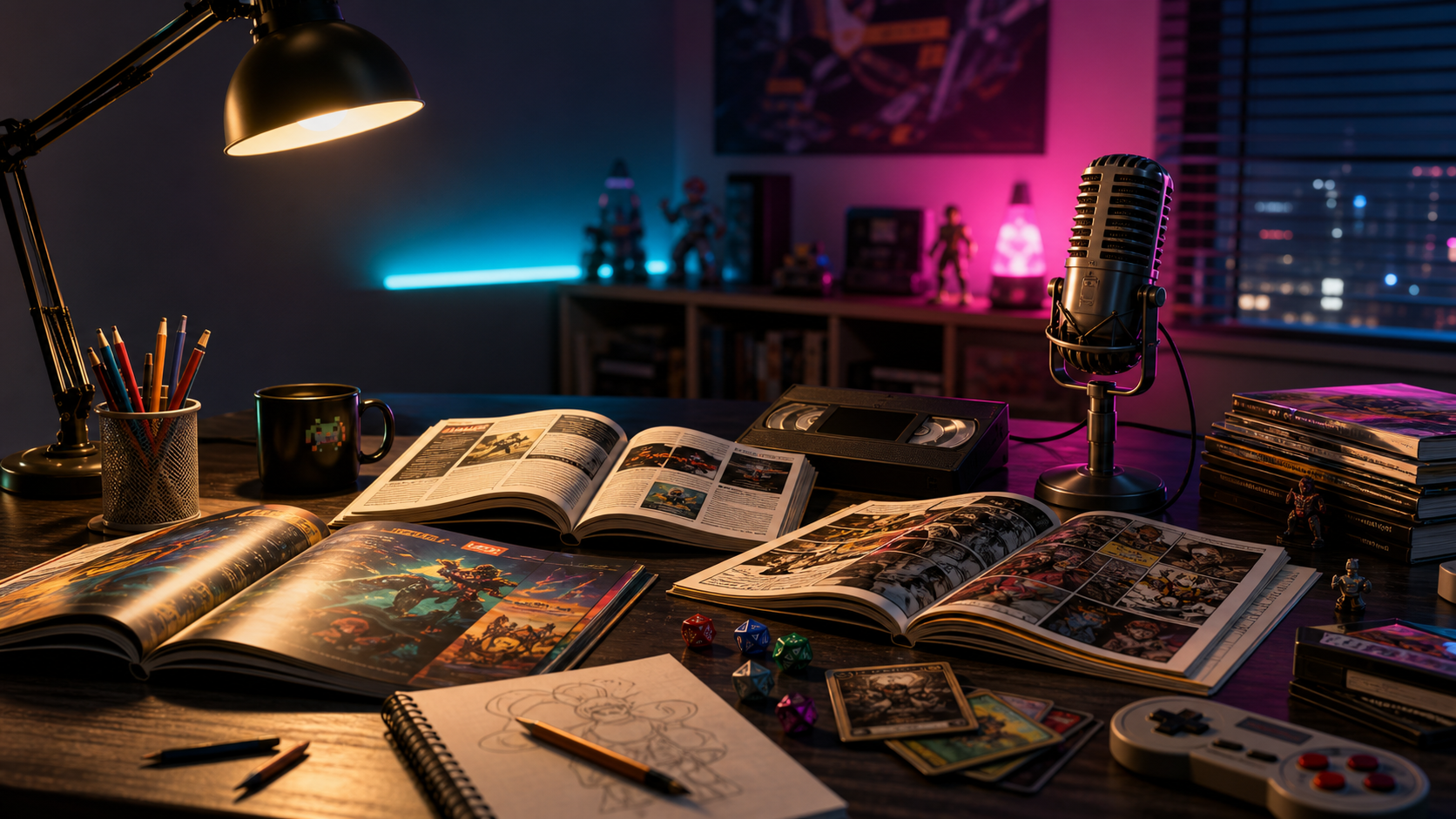 Tavolo editoriale The Outsider con microfono, riviste, fumetti, dadi e videogiochi